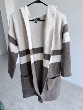 Lulu's Two-Tone Hooded Open Cardigan Sweater - Cream & Brown